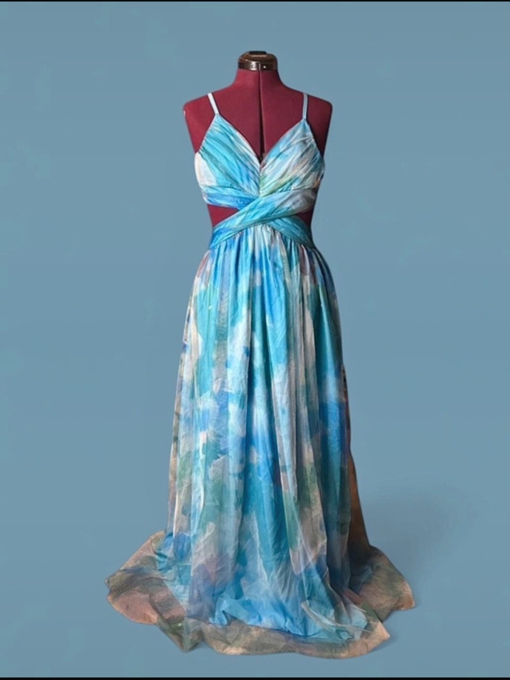 Blue Watercolor Maxi Dress with Crisscross Bodice